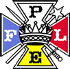 Pythian Sisters Emblem featuring the letter P, L, E, & F in white, red, yellow, and blue. There is a crossed sword and wand in the middle of a crown.